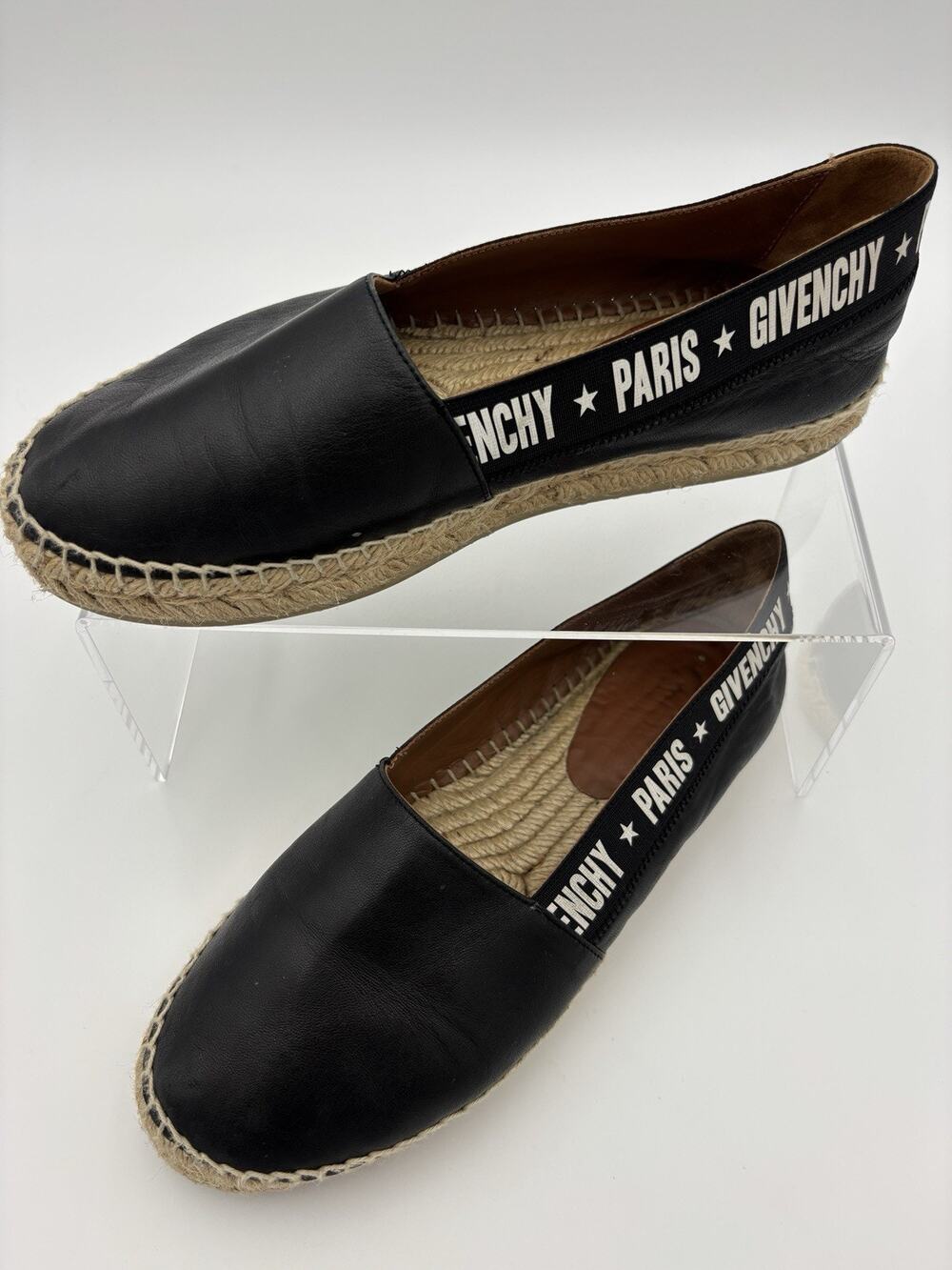 Authentic Givenchy Printed Espadrilles Black Leather Size 8 Flats Elastic